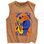 Unisex Fish in Band Playing Saxophone Printed Washed Tank Top