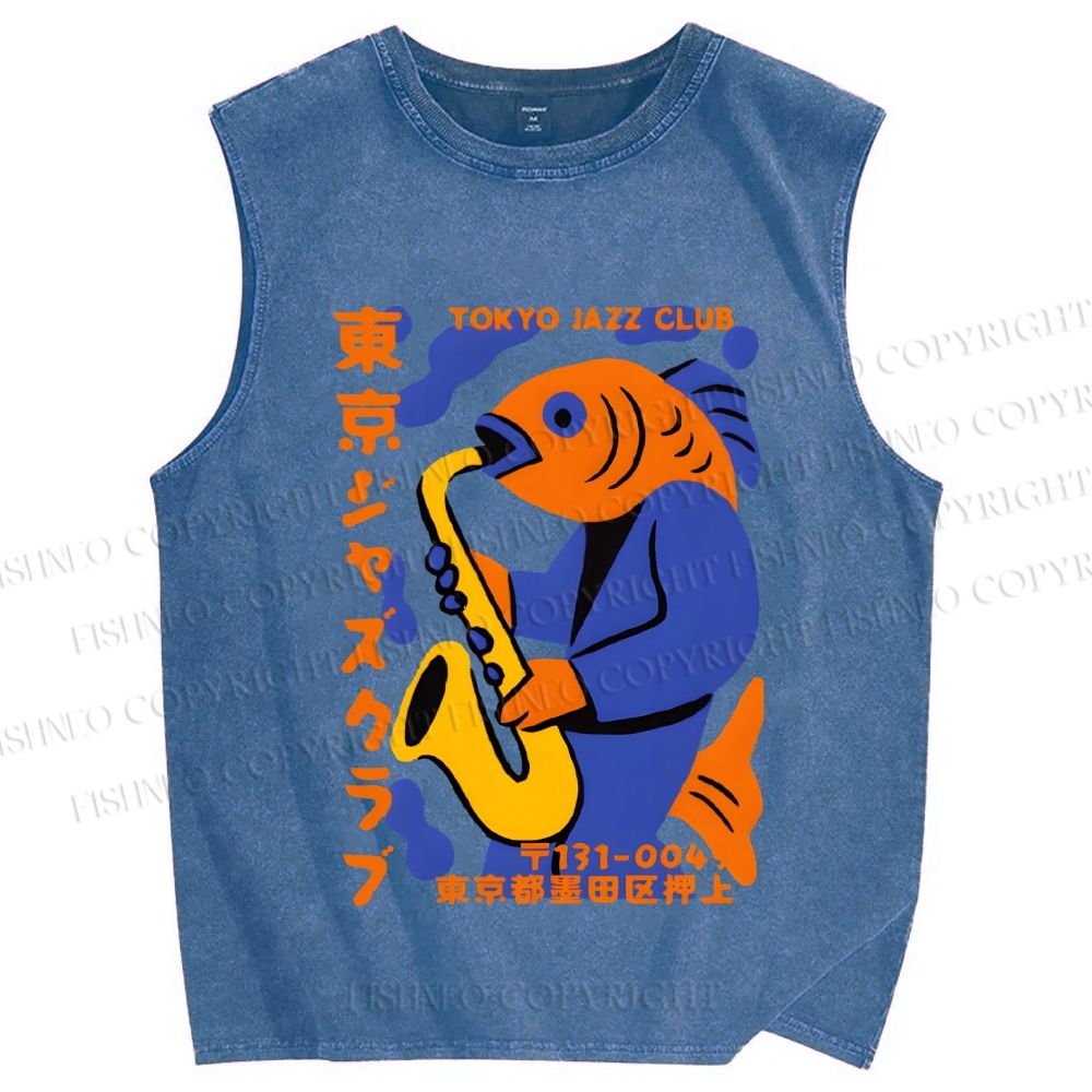 Unisex Fish in Band Playing Saxophone Printed Washed Tank Top