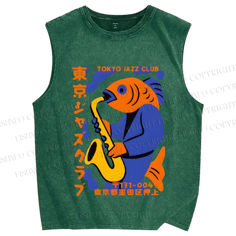 Unisex Fish in Band Playing Saxophone Printed Washed Tank Top