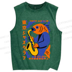 Unisex Fish in Band Playing Saxophone Printed Washed Tank Top