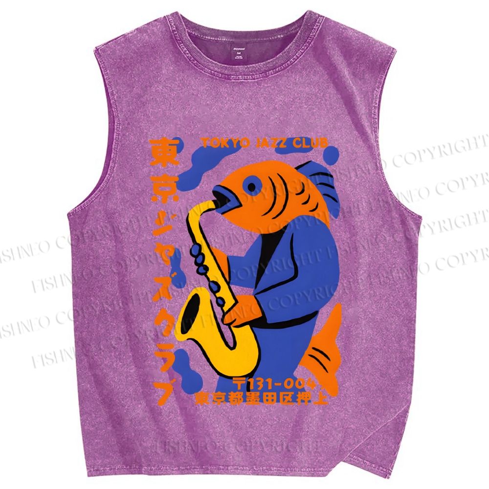 Unisex Fish in Band Playing Saxophone Printed Washed Tank Top