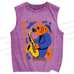 Unisex Fish in Band Playing Saxophone Printed Washed Tank Top