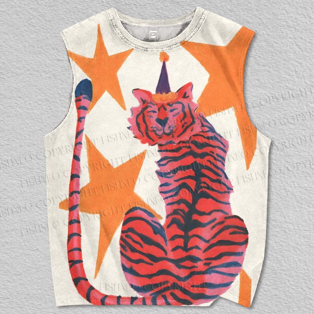 Unisex Tiger in Stars Printed Tank Top