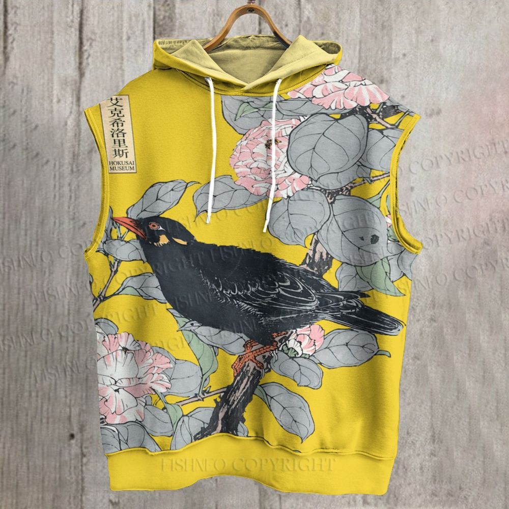 Unisex Vintage Bird in Flowers Printed Sleeveless Hoodie