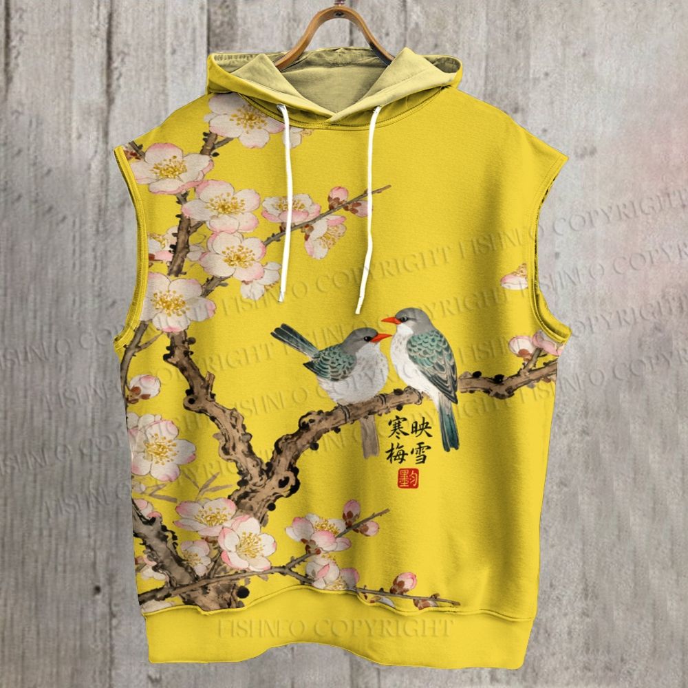 Unisex Vintage Bird in Flowers Printed Sleeveless Hoodie