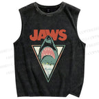 Unisex Shark Jaws Printed Washed Tank Top