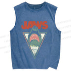 Unisex Shark Jaws Printed Washed Tank Top