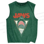 Unisex Shark Jaws Printed Washed Tank Top
