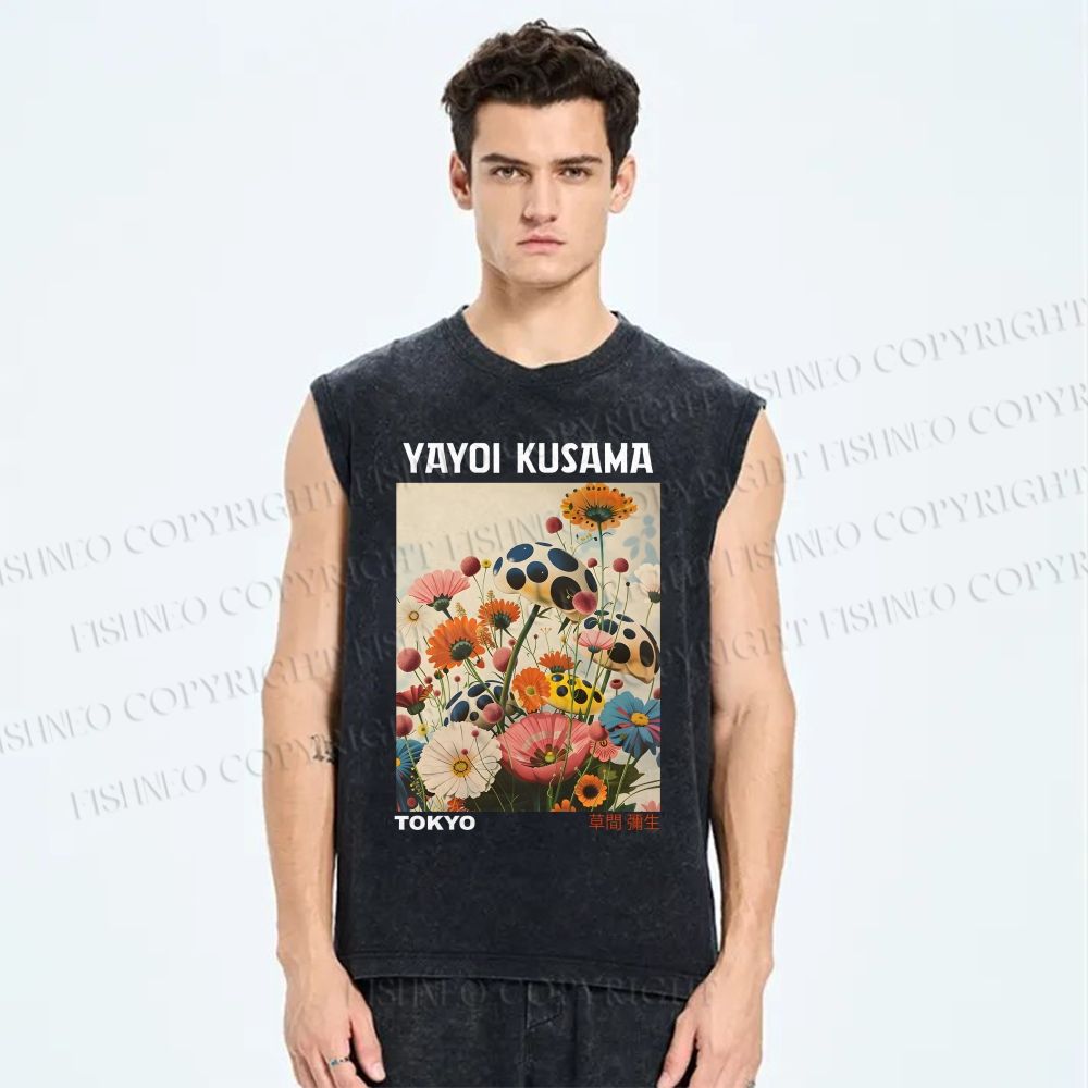 Unisex Yayoi Kusama Flowers Printed Washed Tank Top