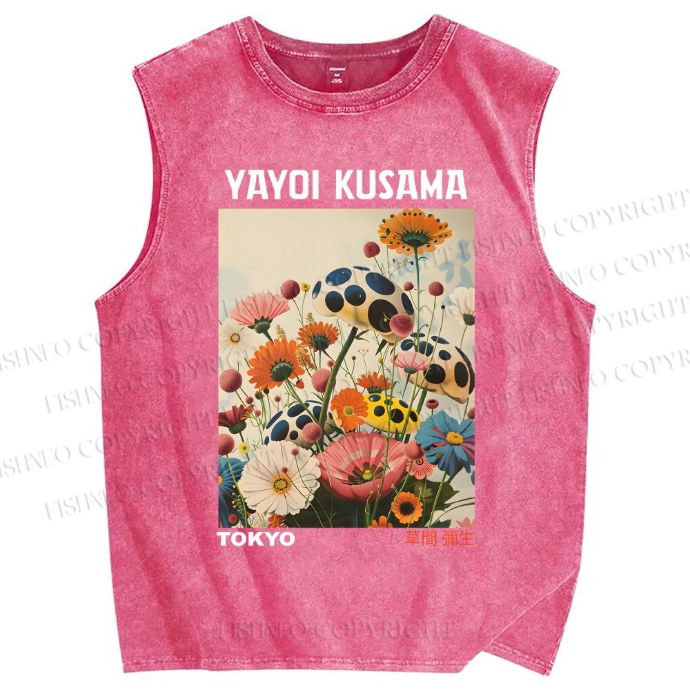 Unisex Yayoi Kusama Flowers Printed Washed Tank Top