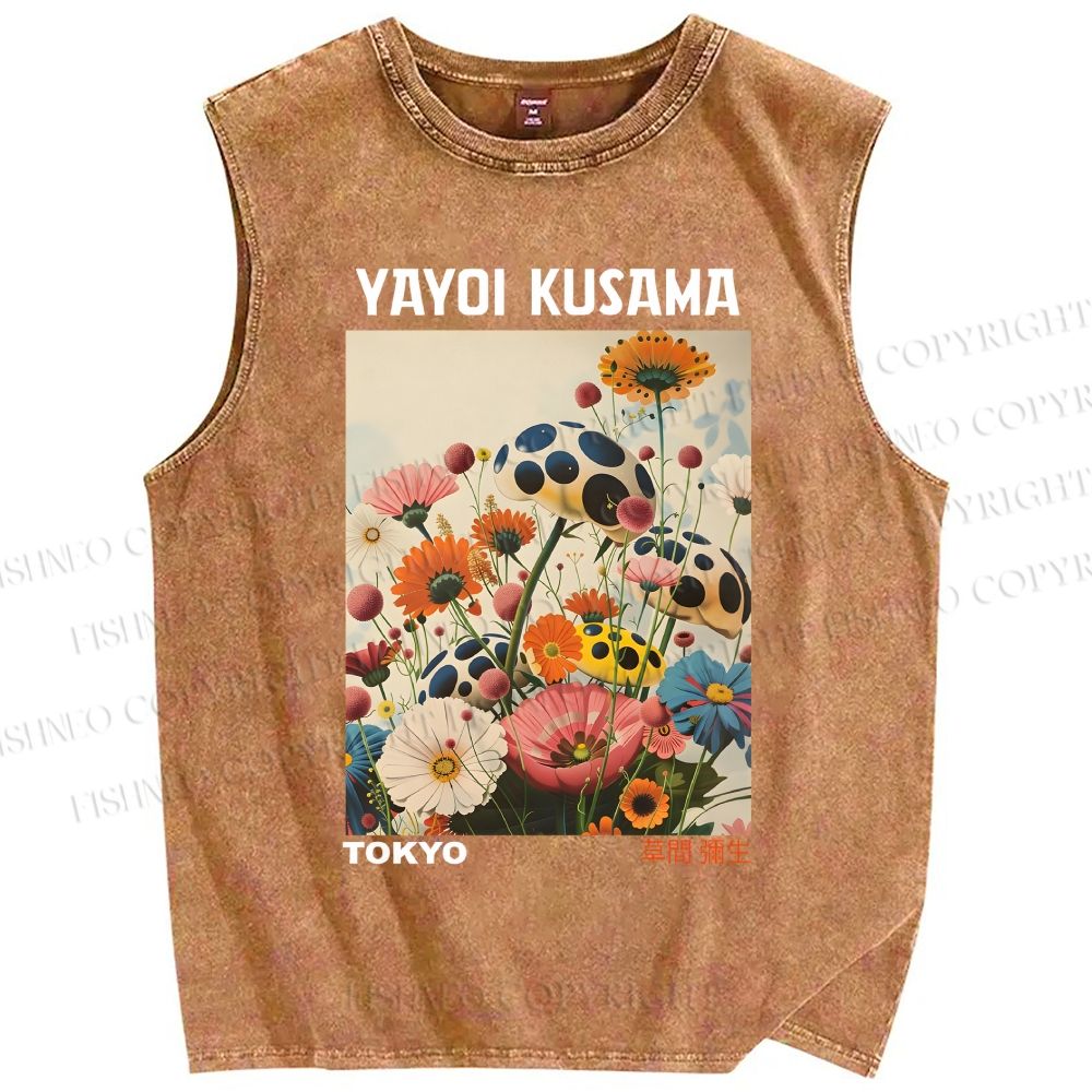 Unisex Yayoi Kusama Flowers Printed Washed Tank Top