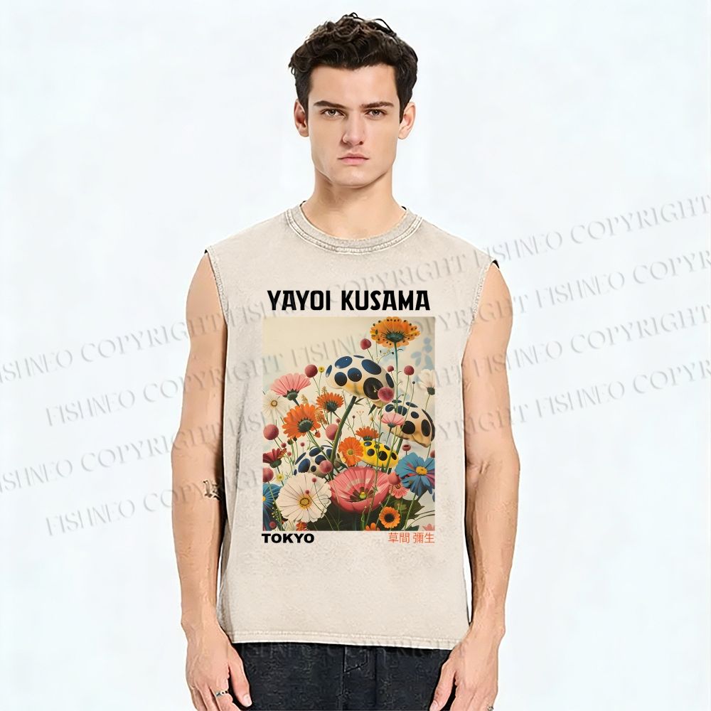 Unisex Yayoi Kusama Flowers Printed Washed Tank Top