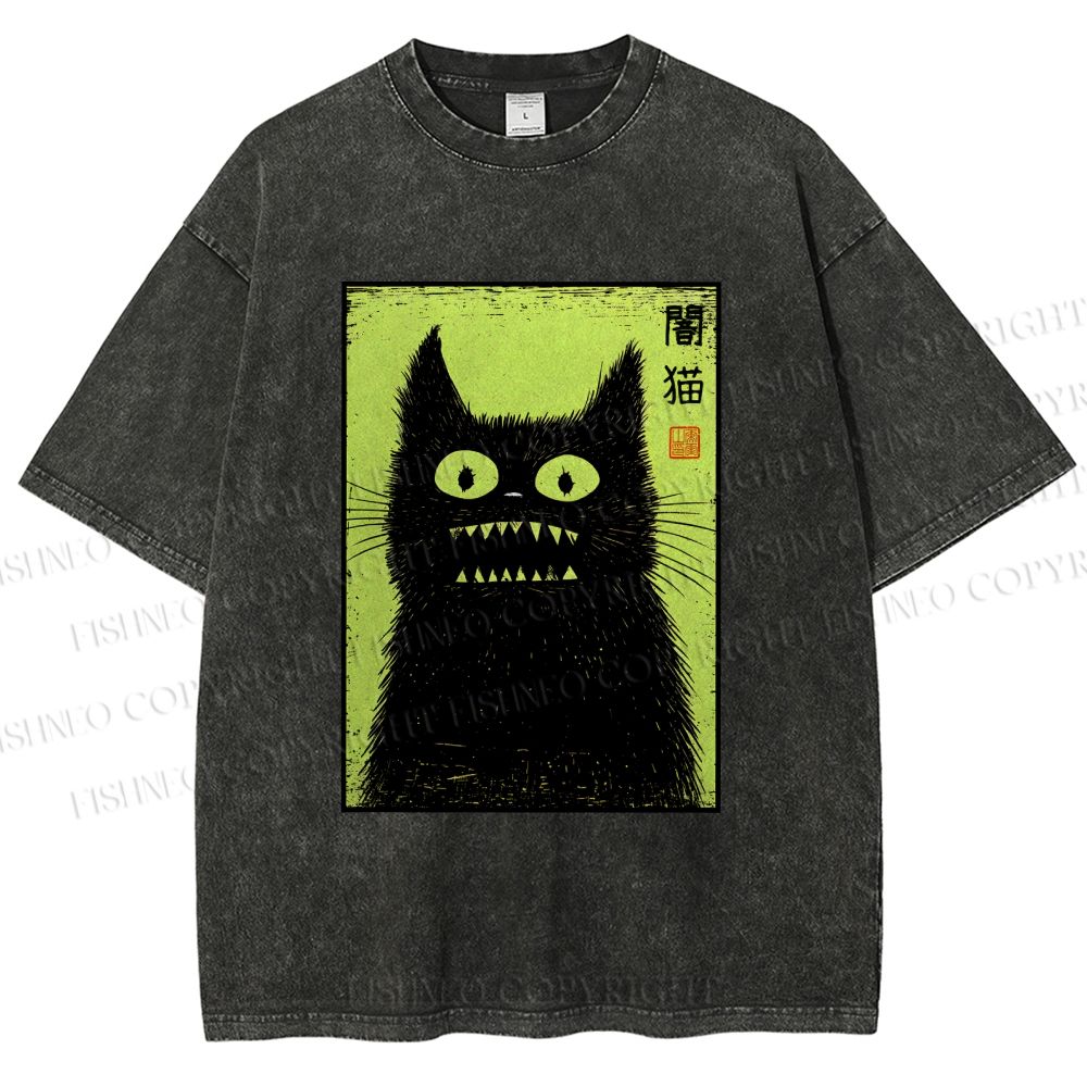 Unisex Spooky Black Cat Japanese Printed Washed Tee