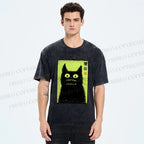 Unisex Spooky Black Cat Japanese Printed Washed Tee