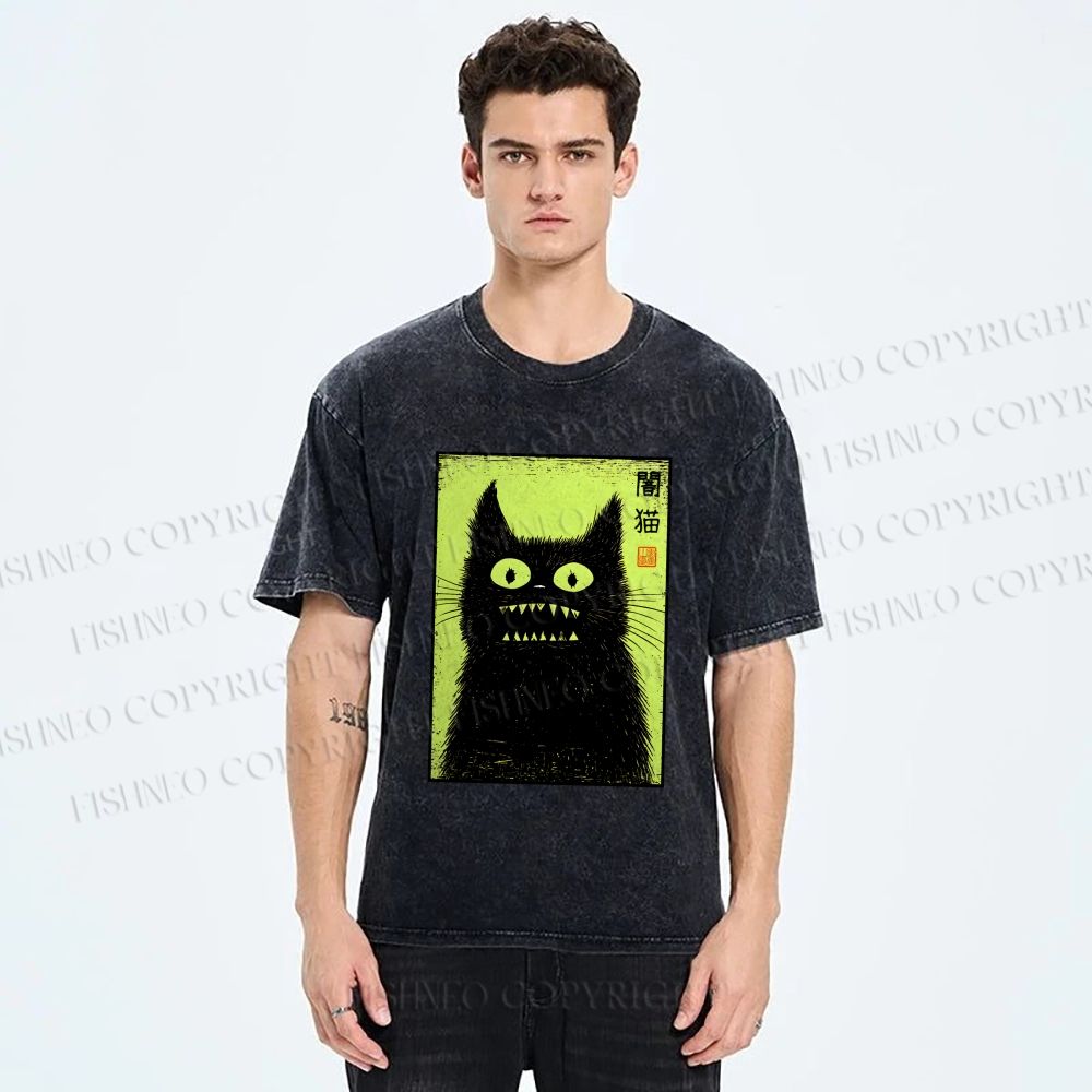 Unisex Spooky Black Cat Japanese Printed Washed Tee
