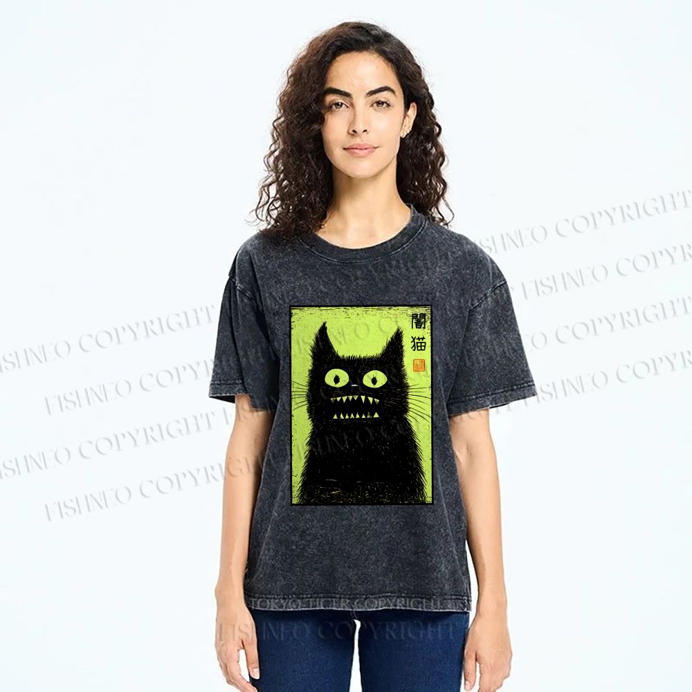 Unisex Spooky Black Cat Japanese Printed Washed Tee
