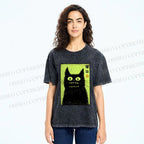 Unisex Spooky Black Cat Japanese Printed Washed Tee