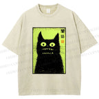 Unisex Spooky Black Cat Japanese Printed Washed Tee