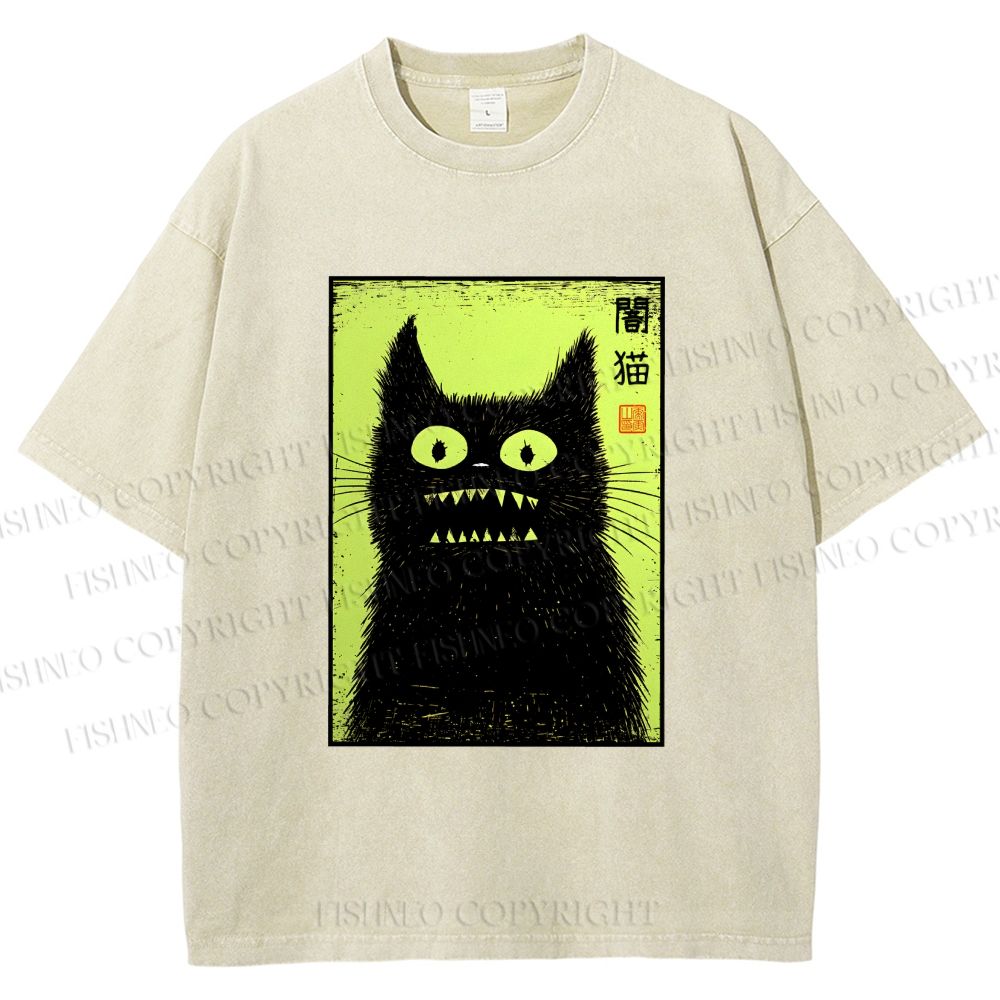 Unisex Spooky Black Cat Japanese Printed Washed Tee
