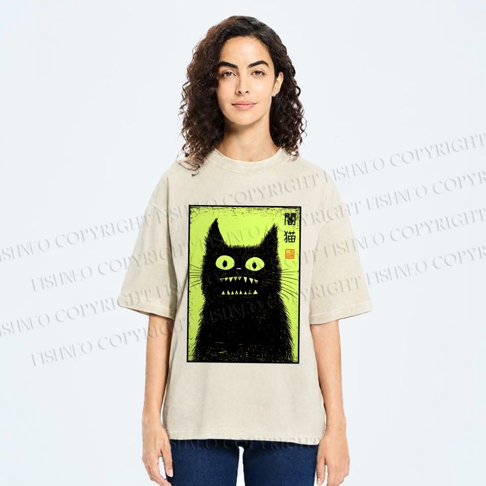 Unisex Spooky Black Cat Japanese Printed Washed Tee