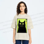 Unisex Spooky Black Cat Japanese Printed Washed Tee