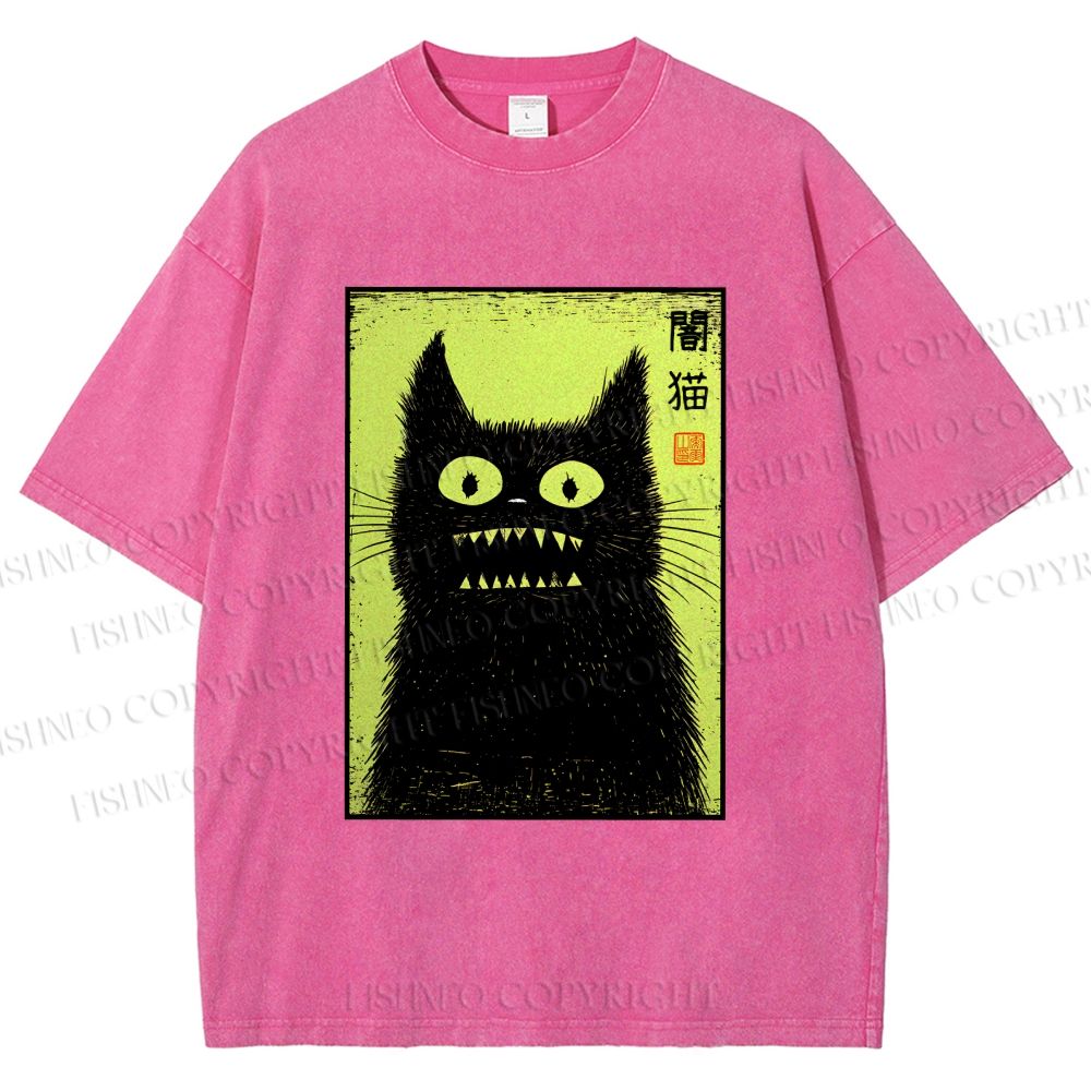 Unisex Spooky Black Cat Japanese Printed Washed Tee