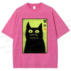 Unisex Spooky Black Cat Japanese Printed Washed Tee