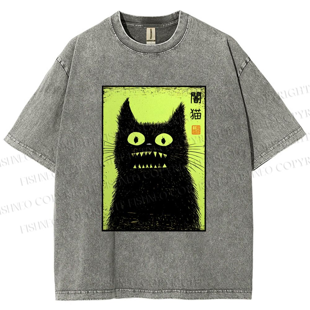 Unisex Spooky Black Cat Japanese Printed Washed Tee