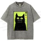 Unisex Spooky Black Cat Japanese Printed Washed Tee
