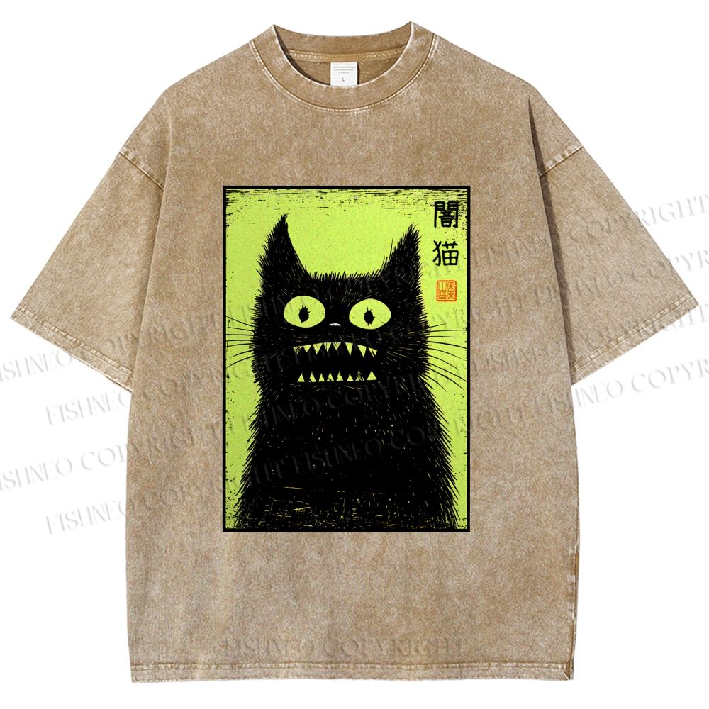 Unisex Spooky Black Cat Japanese Printed Washed Tee