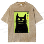 Unisex Spooky Black Cat Japanese Printed Washed Tee