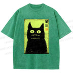 Unisex Spooky Black Cat Japanese Printed Washed Tee