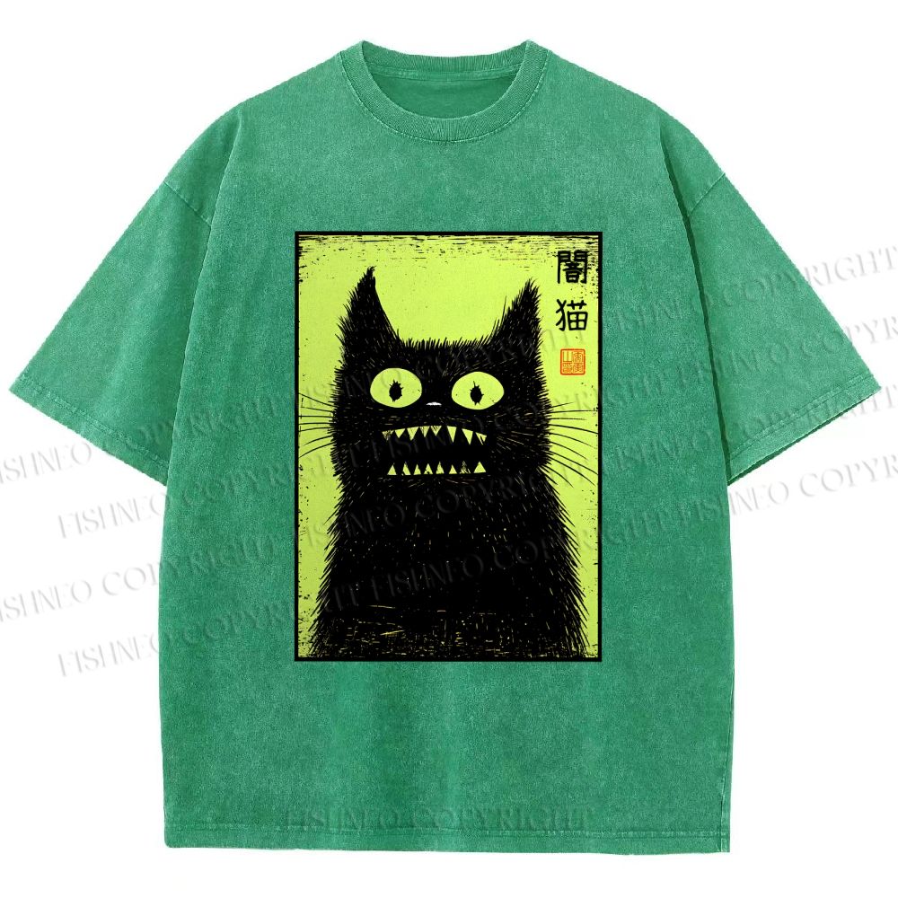 Unisex Spooky Black Cat Japanese Printed Washed Tee