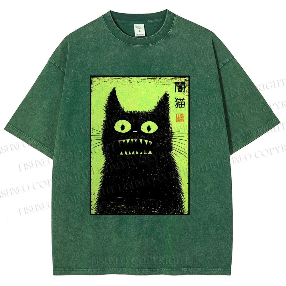 Unisex Spooky Black Cat Japanese Printed Washed Tee
