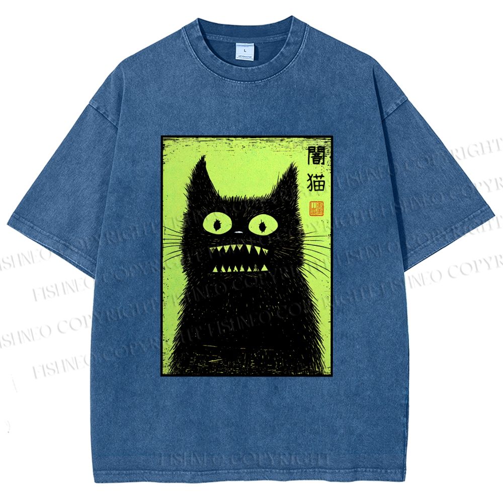 Unisex Spooky Black Cat Japanese Printed Washed Tee