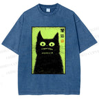 Unisex Spooky Black Cat Japanese Printed Washed Tee