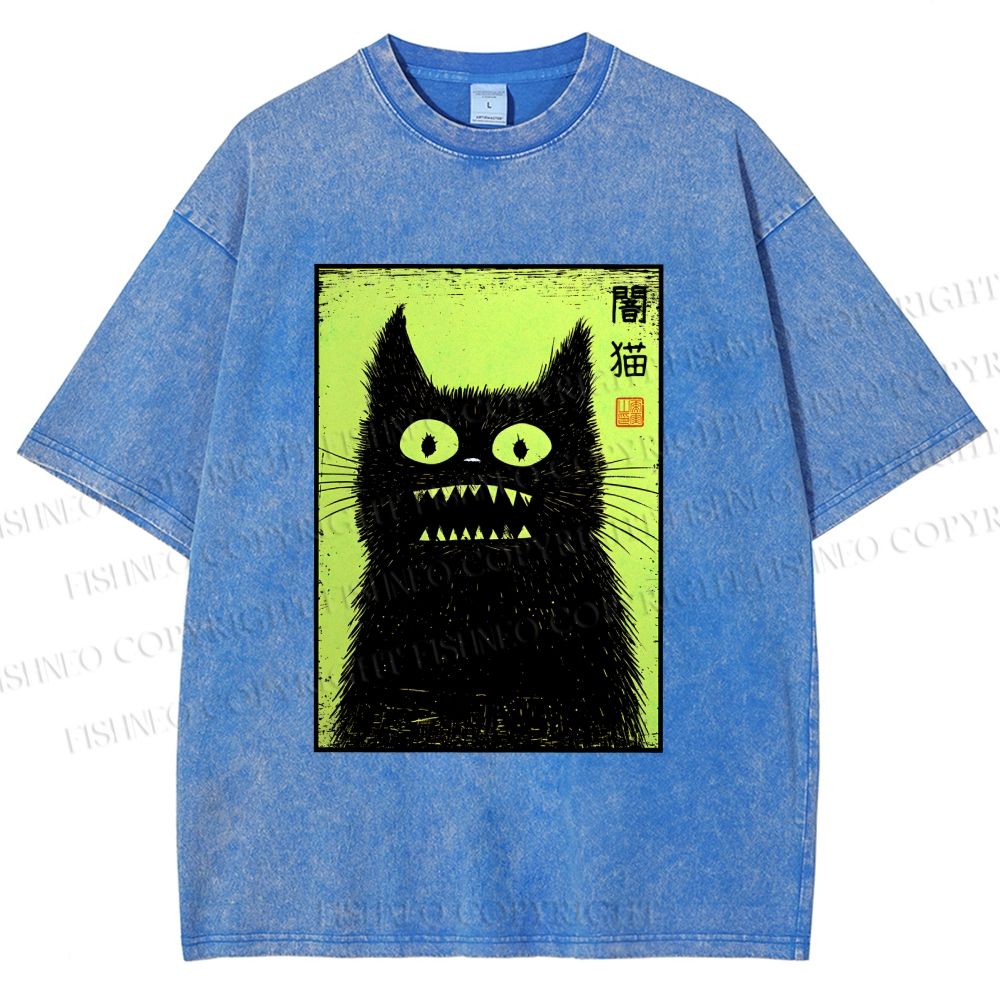 Unisex Spooky Black Cat Japanese Printed Washed Tee