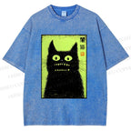 Unisex Spooky Black Cat Japanese Printed Washed Tee