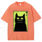 Unisex Spooky Black Cat Japanese Printed Washed Tee