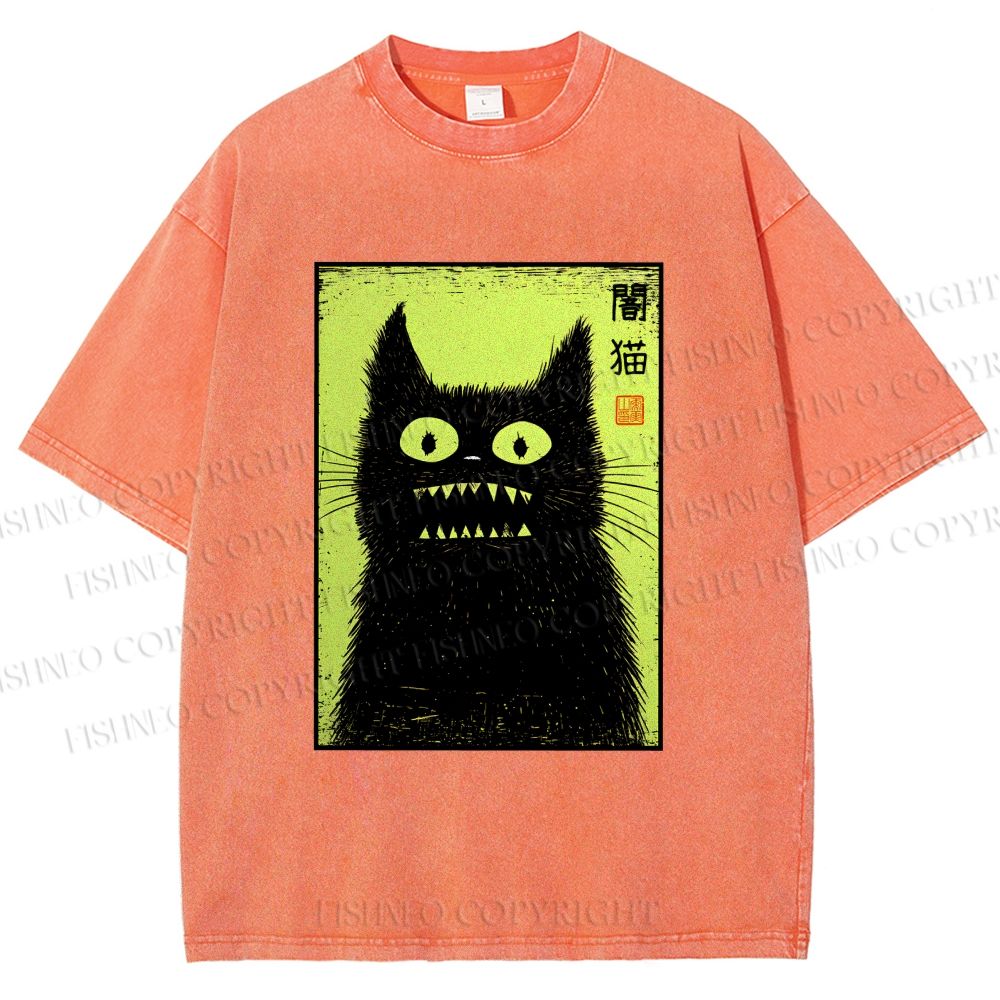 Unisex Spooky Black Cat Japanese Printed Washed Tee