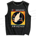 Unisex White Parrot Printed Washed Tank Top