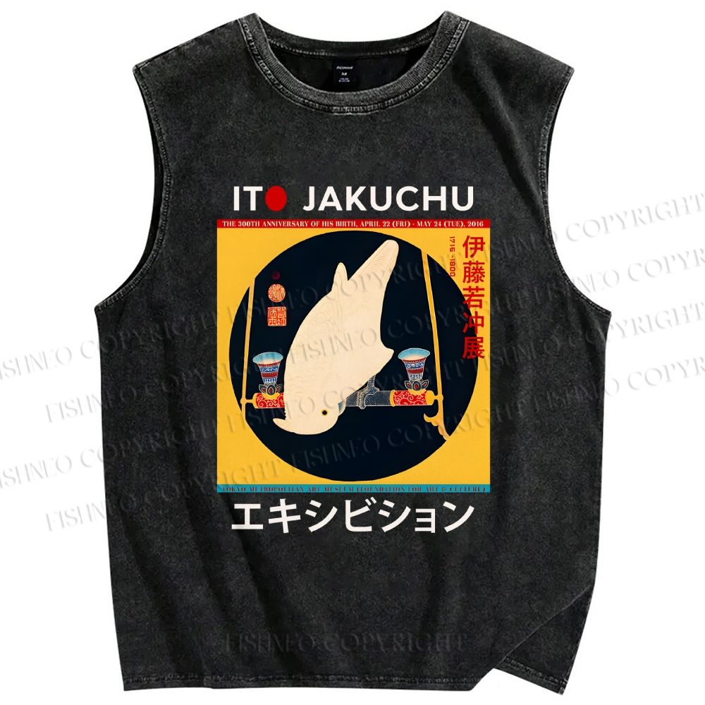 Unisex White Parrot Printed Washed Tank Top
