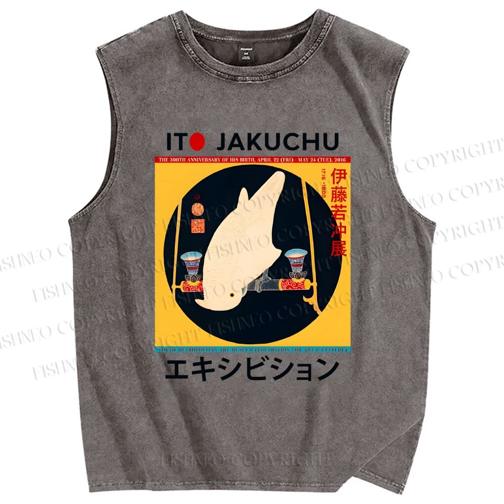 Unisex White Parrot Printed Washed Tank Top