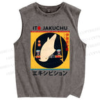 Unisex White Parrot Printed Washed Tank Top