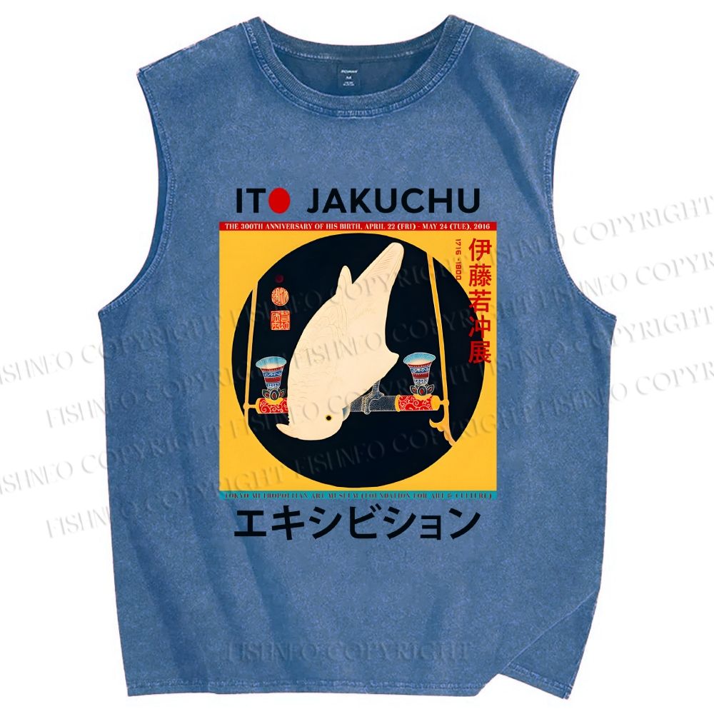 Unisex White Parrot Printed Washed Tank Top