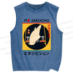 Unisex White Parrot Printed Washed Tank Top