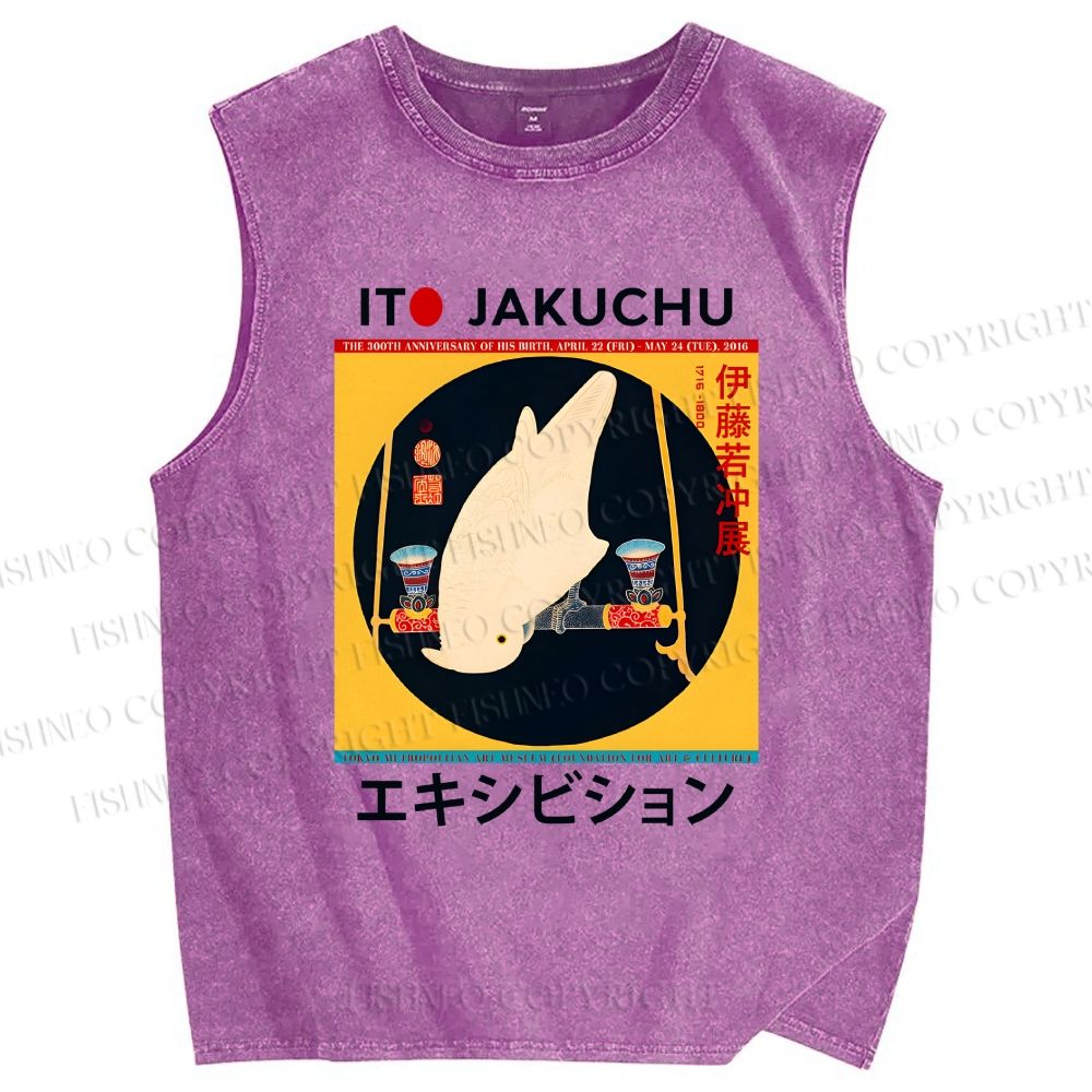 Unisex White Parrot Printed Washed Tank Top