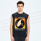 Unisex White Parrot Printed Washed Tank Top
