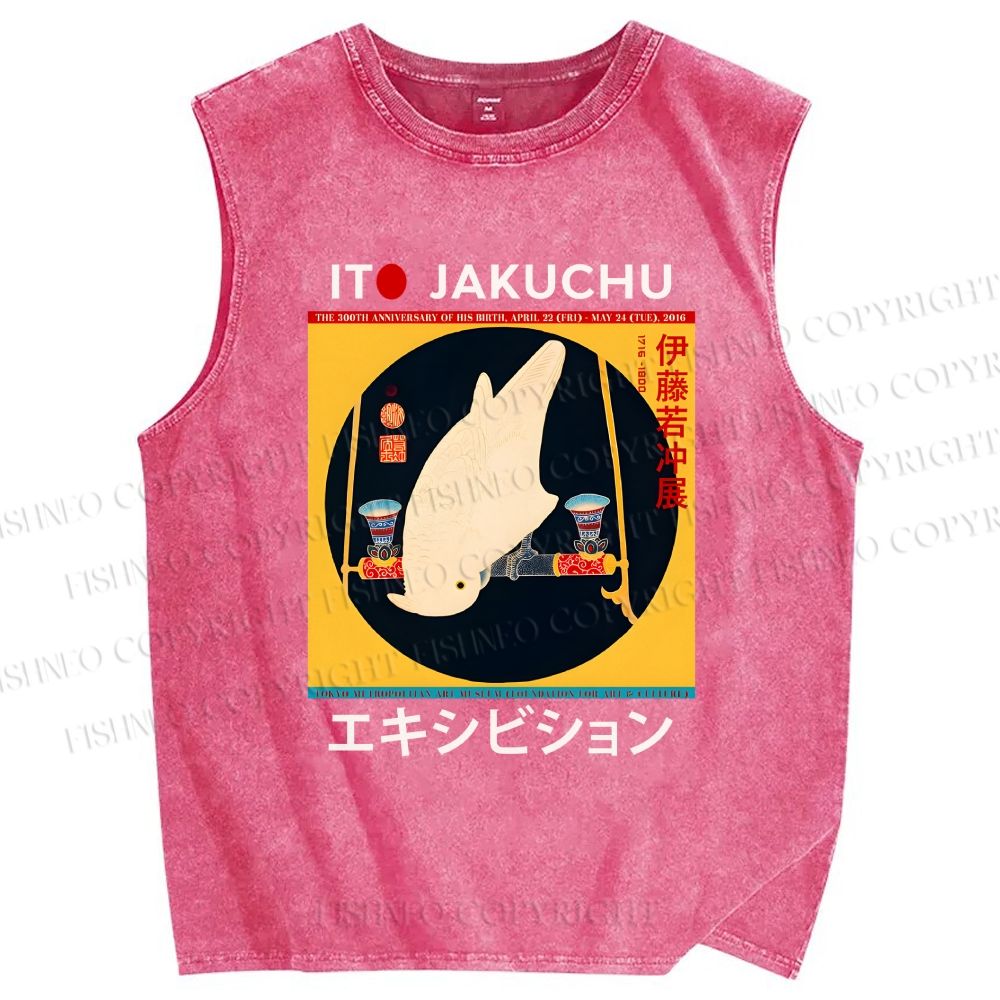 Unisex White Parrot Printed Washed Tank Top