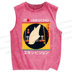 Unisex White Parrot Printed Washed Tank Top